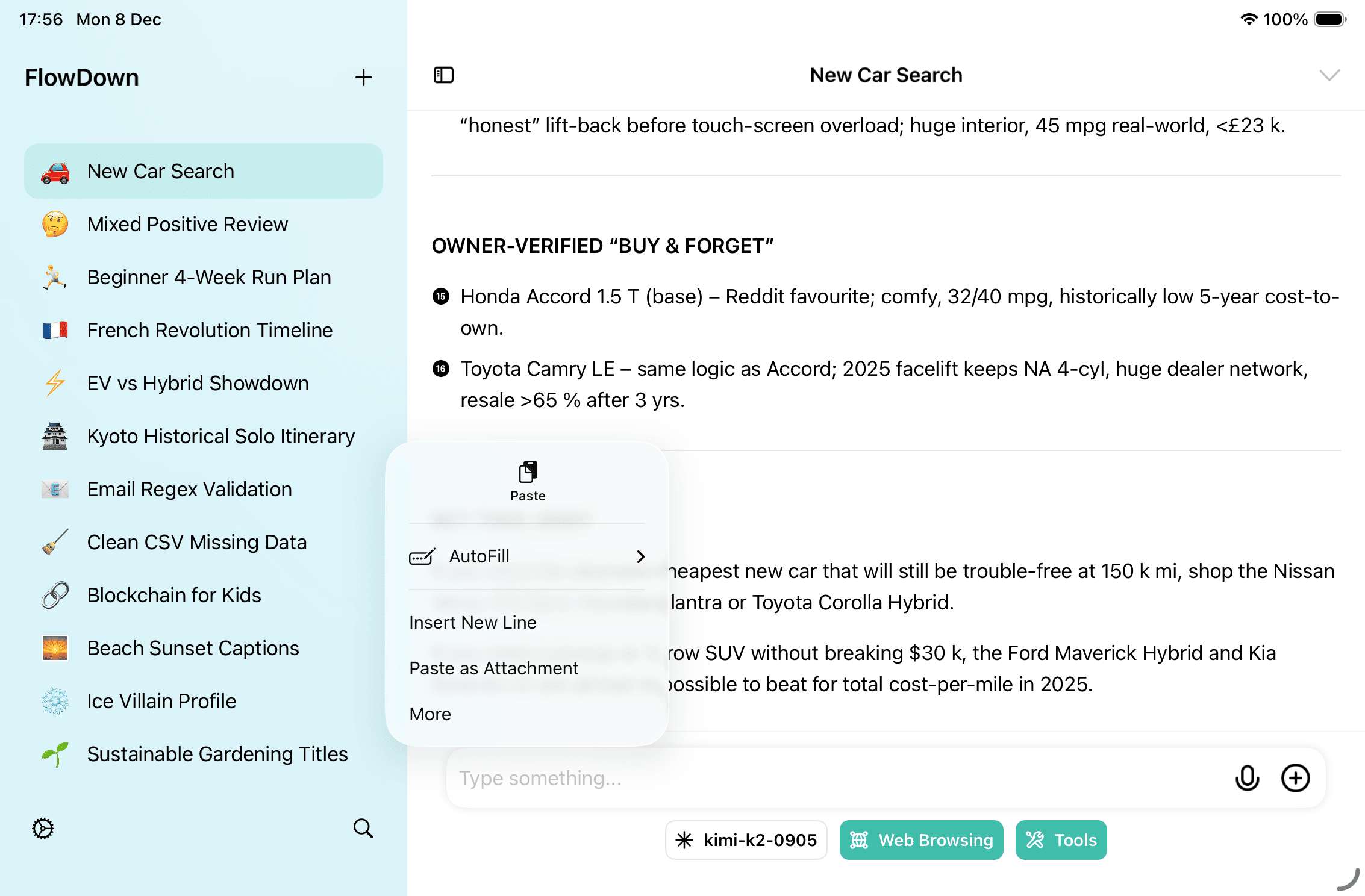 Context menu showing Paste as Attachment on iPad mini